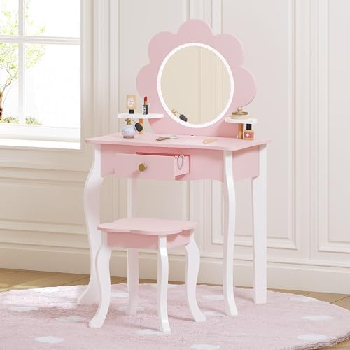 Spirich Kids Vanity, Girls Vanity Set with Mirror and Stool and Lights, Kids Vanity Table and Cha... | Amazon (US)