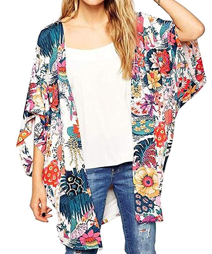 Relipop Women's Sheer Chiffon Blouse Loose Tops Kimono Floral Print Cardigan | Amazon (US)