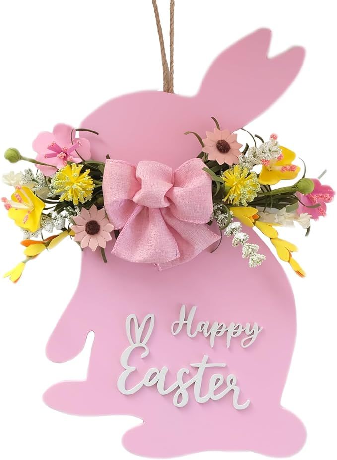 Idyllic Pink Easter Bunny Wreaths for Front Door, 18" Spring Flower Wreath with Wooden Sign for S... | Amazon (US)