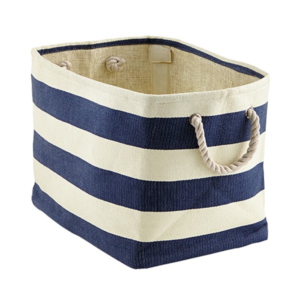 Navy & Ivory Rugby Stripe Storage Bin with Rope Handles | The Container Store