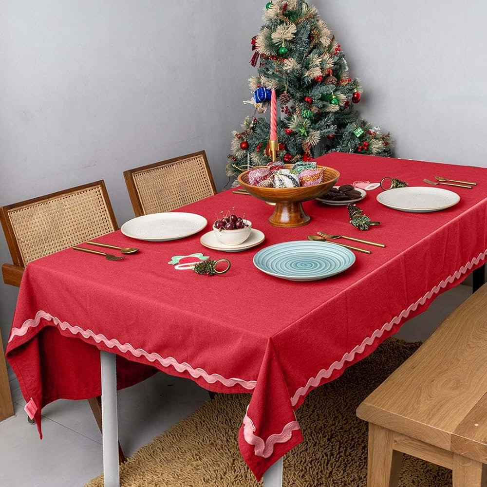 Folkulture Christmas Tablecloth 60" x 102", 100% Cotton Rectangular Tablecloth for Home Decorations, Scalloped Christmas Table Cloth or Outdoor Farmhouse Table Cover for Kitchen Decor (Coral Red) | Amazon (US)