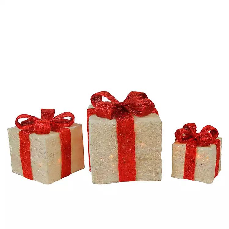 Cream and Red Glittery Pre-Lit Gifts, Set of 3 | Kirkland's Home