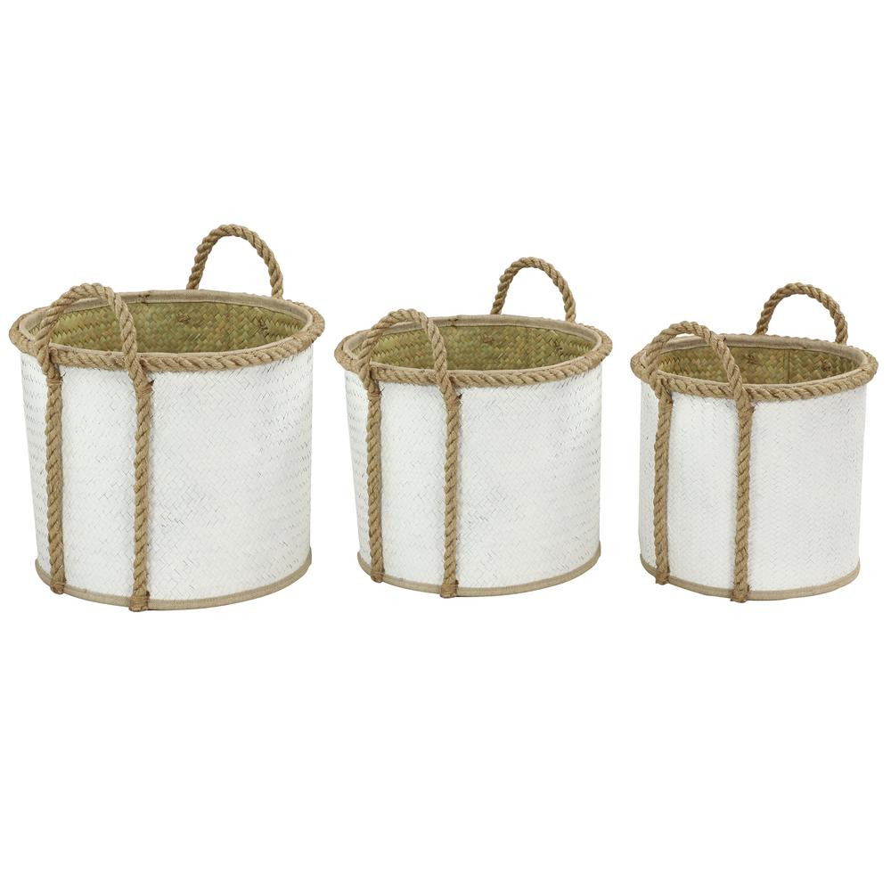 Litton Lane White Sea Grass Coastal Storage Basket 16 in., 15 in. and 14 in. (Set of 3) | The Home Depot