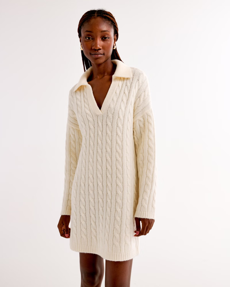 Long-Sleeve Collared Cable Mini Sweater Dress | Abercrombie & Fitch (US)