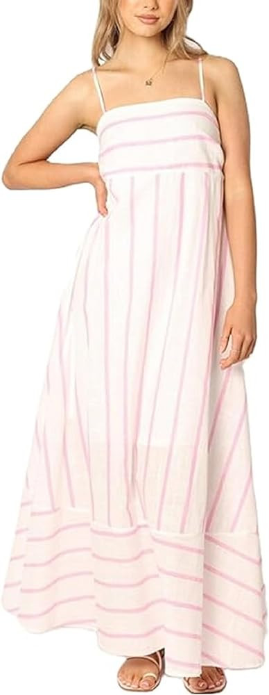 KMBANGI Women Striped Sleeveless Maxi Dress Swing Cutout Midi Dress Backless Smocked Spaghetti St... | Amazon (US)