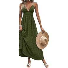 Milumia Women's Summer V Neck Backless Maxi Dress Boho Spaghetti Strap A Line Flowy Beach Long Su... | Amazon (US)