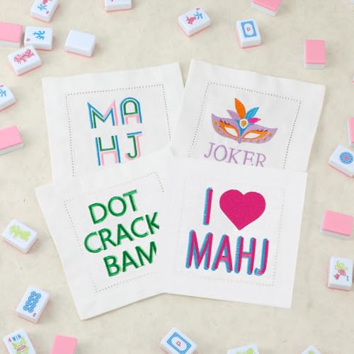 Tingjoo 4 Packs Mahjong Theme Gifts Embroidered Mahjong Cocktail Napkins 6 x 6 Inches Soft Linen Cotton Fabric with Classic Pattern, Hemmed Edge, Reusable Napkins for Mah Jong Parties (Letters) | Amazon (US)