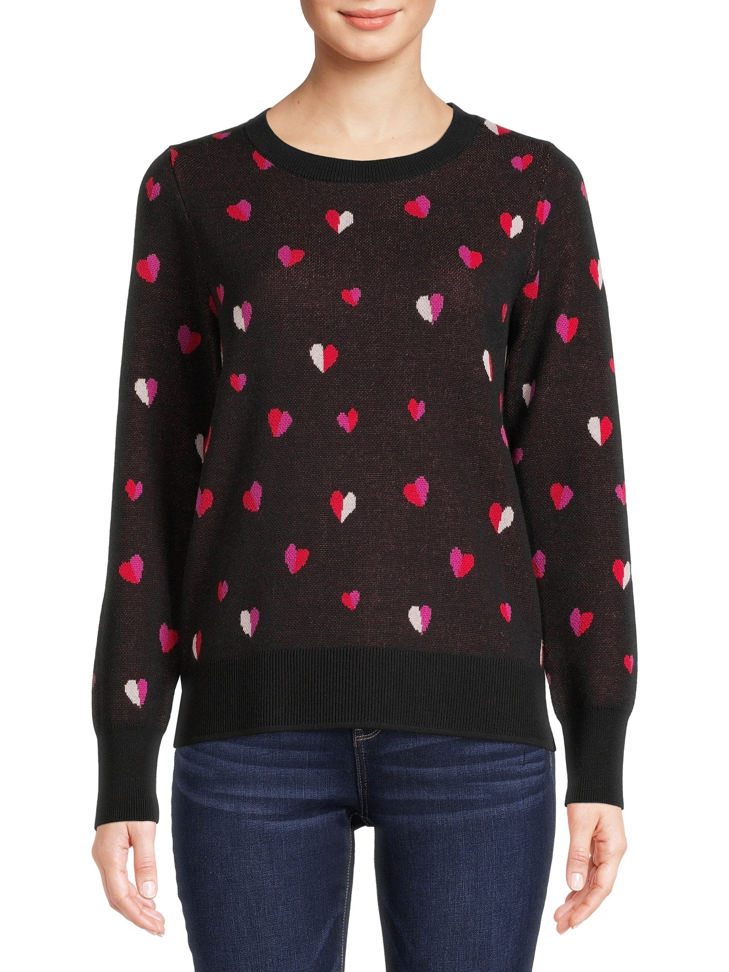 Time and Tru Women's Heart Toss Sweater - Walmart.com | Walmart (US)