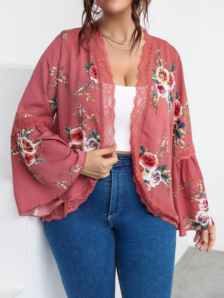 Plus Floral Print Contrast Lace Kimono | SHEIN