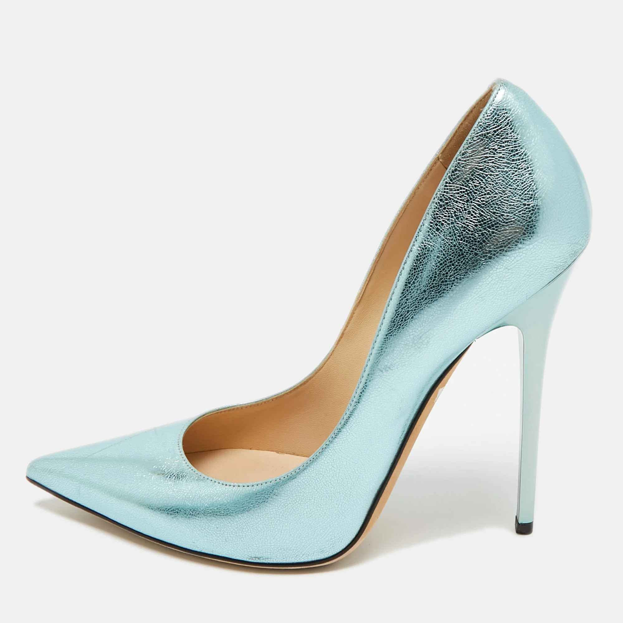 Jimmy Choo Light Blue Foil Leather Pointed Toe Pumps | Shop Simon