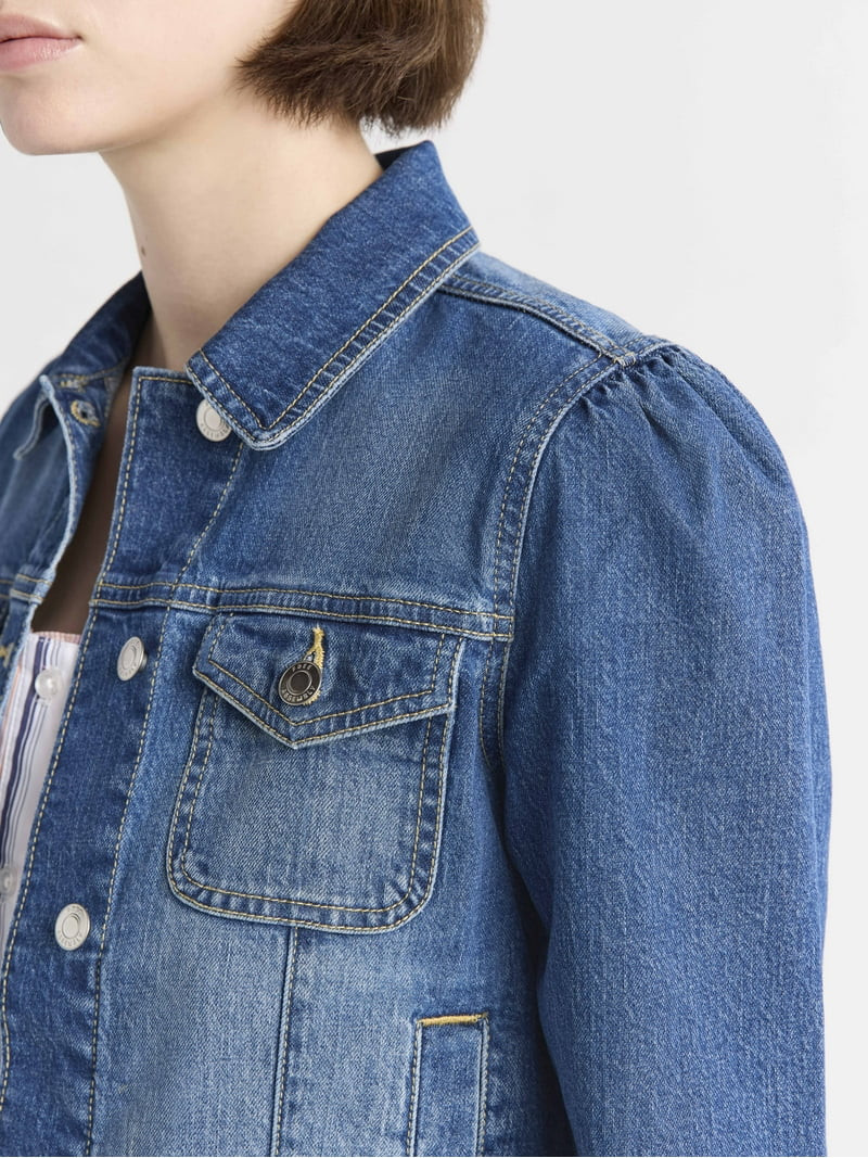 Free Assembly Women's Cropped Denim Jacket with Puff Sleeves, Sizes XS-XXL | Walmart (US)