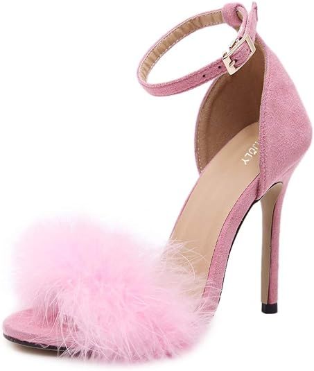 MMJULY Women's Open Toe Ankle Strap Fluffy Feather Stiletto High Heel Dress Sandal | Amazon (US)