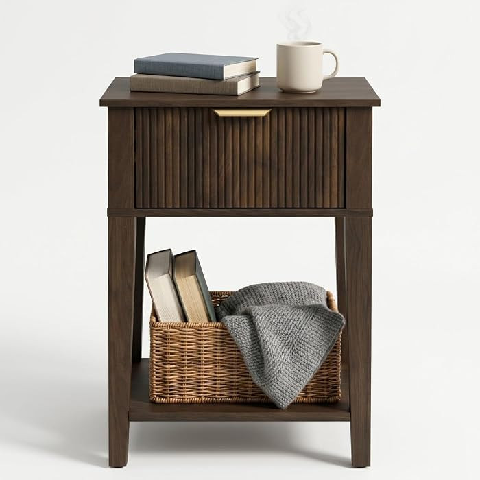 Modern Fluted Small Wood Nightstand, 11.8" Deep x 15.4" Narrow Bedside Table with Drawer & Open S... | Amazon (US)
