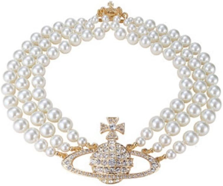 Saturn Pearl Necklace White Pearl Choker Necklace for Women Crystal Rhinestone Planet Necklace Gi... | Amazon (US)