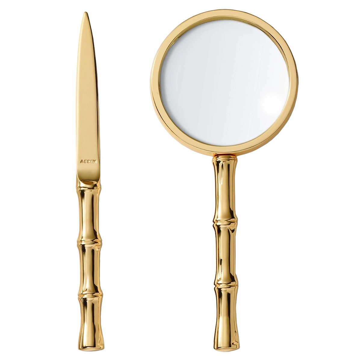 AERIN Ava Coastal Beach Gold Brass Bamboo Magnifying Glass and Letter Opener | Kathy Kuo Home