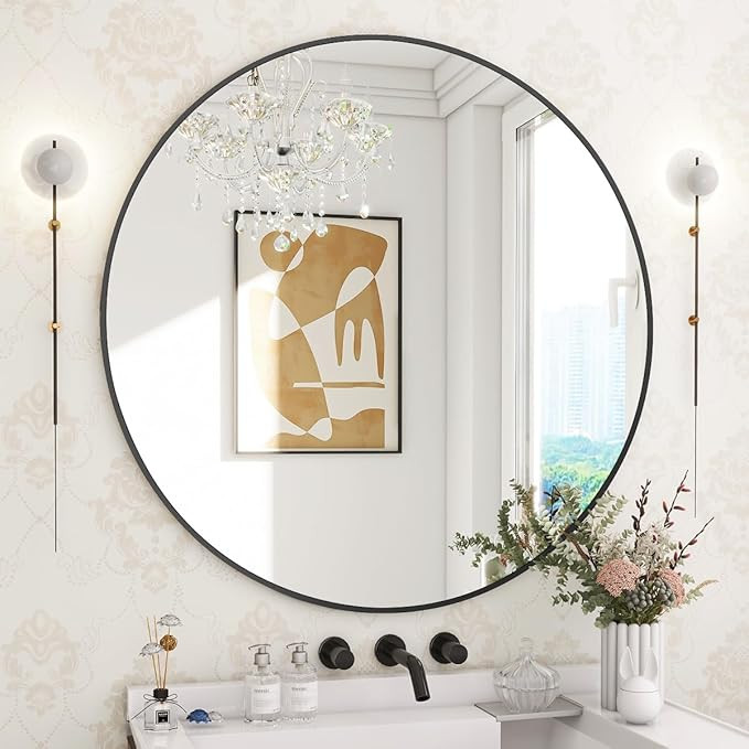 BEAUTYPEAK 30 Inch Round Mirror, Metal Frame Circle Mirror, Wall Mounted for Entryway, Bathroom, ... | Amazon (US)