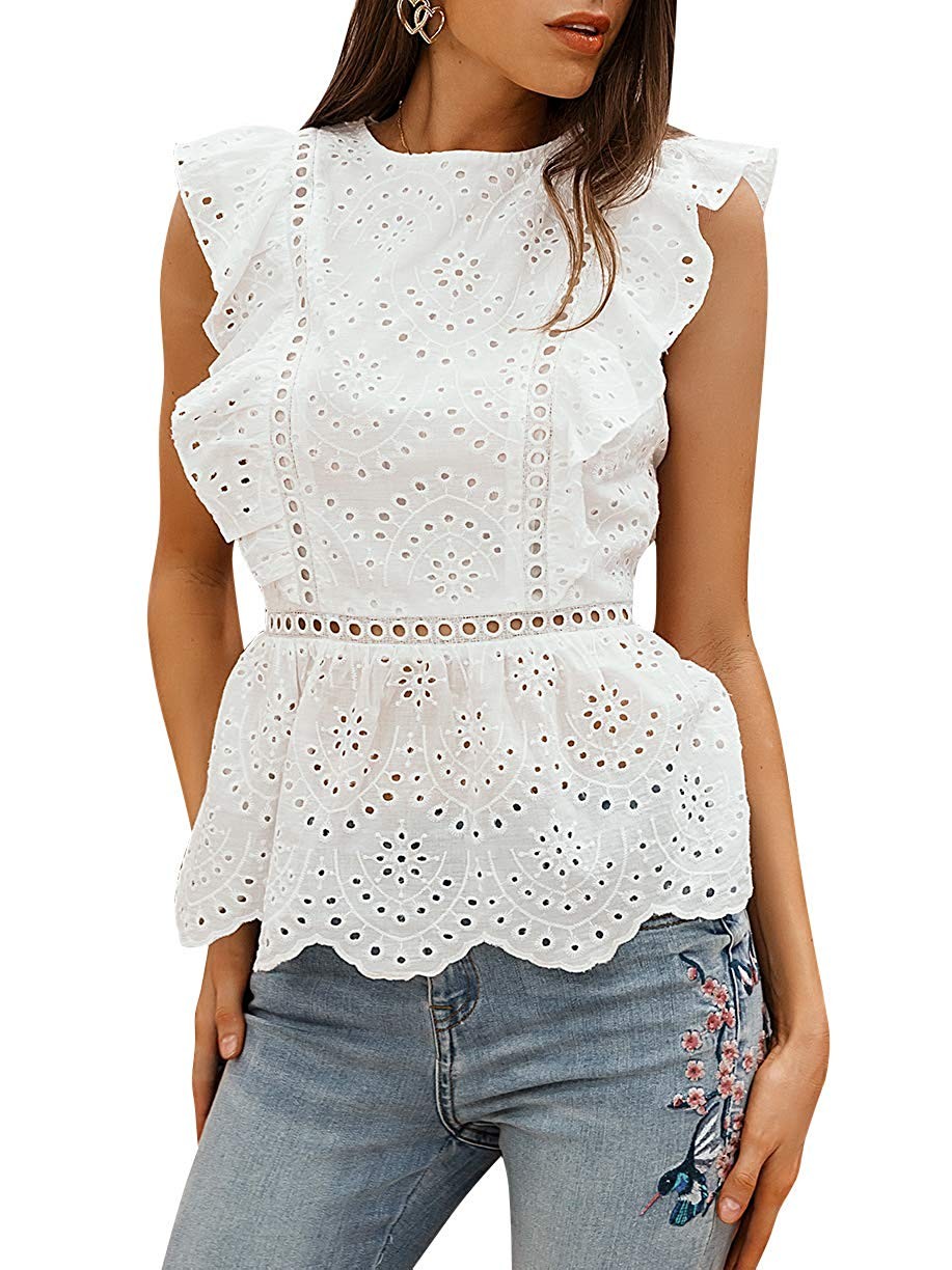 BerryGo Women's Elegant Ruffle Lace Cotton Blouse | Amazon (US)
