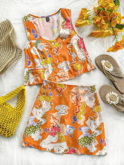 SHEIN WYWH WYWH Vacation Women's Leisure Beach Beach Vacation Palm Tree Open Pocket Shirt And A-L... | SHEIN