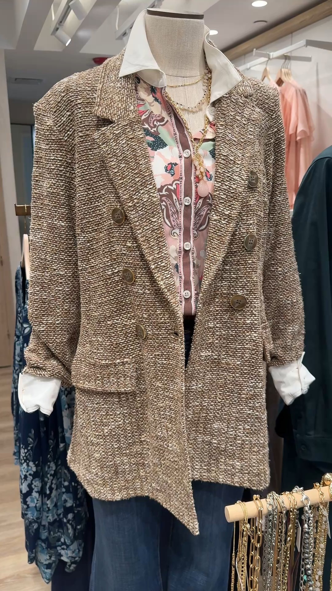 Tweed double-breasted blazer
Silky classic fit print blouse
Chain necklaces- all from Chico’s
I wear a size 0 from Chico’s unique sizingg

#LTKFindsUnder100 #LTKSaleAlert #LTKOver40