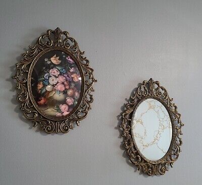 Vintage Oval Brass Colored Metal Frame w/Floral Picture Convex Glass 2 piece set | eBay US