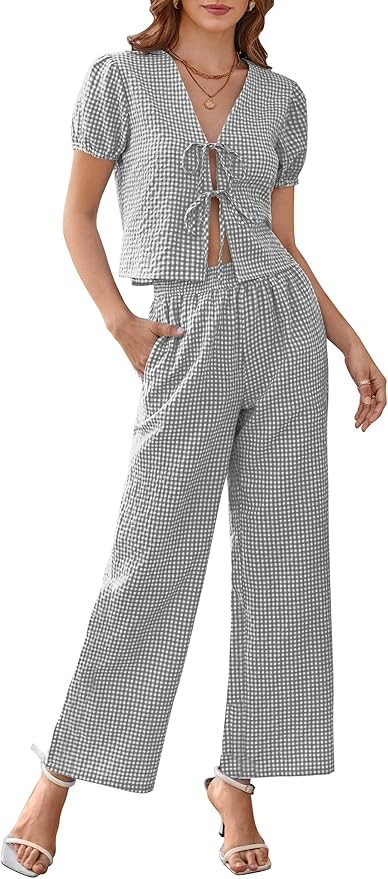 Women Y2k Gingham Sets Going Out Plaid Matching Pant Set Puff Short Sleeve Bow Tie Front Tops Paj... | Amazon (US)