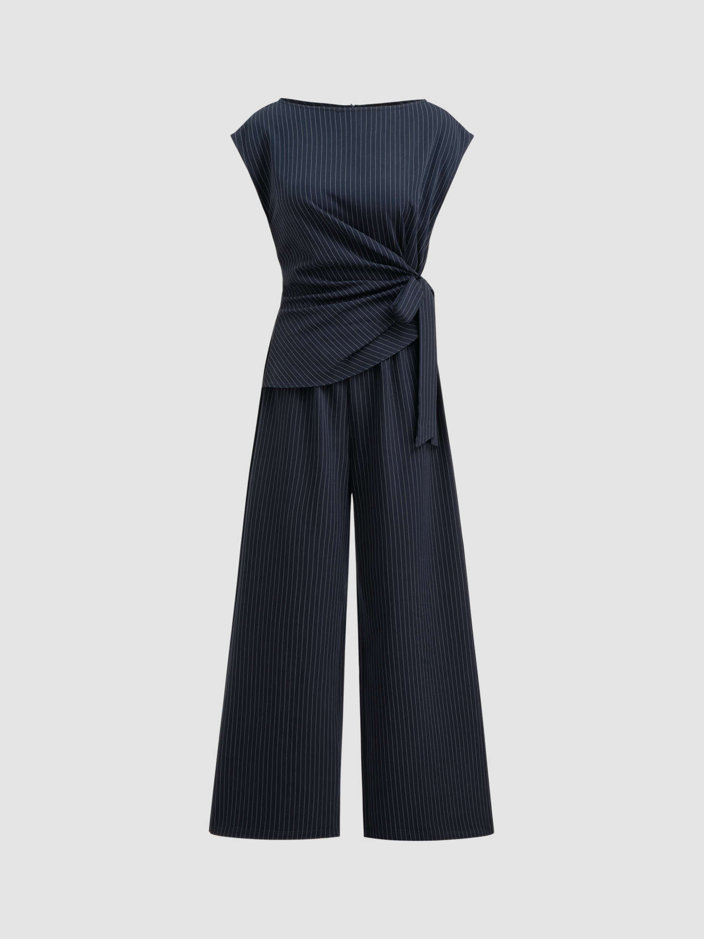 Boat Neck Stripe Ruched Knotted Straight Leg Jumpsuit | Cider