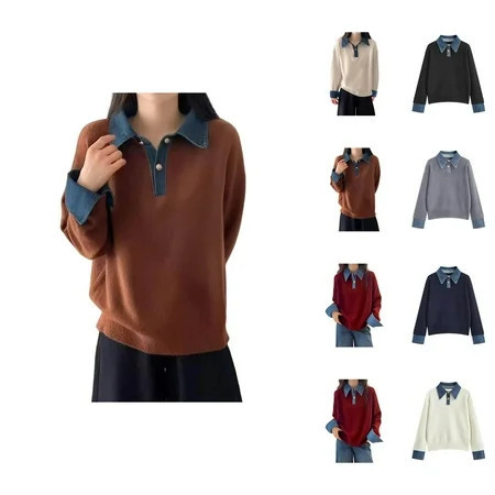 Pullover Sweaters for Women 2025 Long Sleeve Button Collared Loose Denim Patchwork Sweater Tops Fall Winter Outfits | Walmart (US)