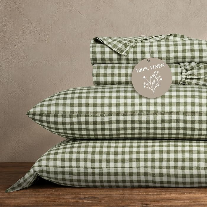 EverGrace 100% European Flax Linen Sheet Set, King, Olive Green Gingham | Amazon (US)
