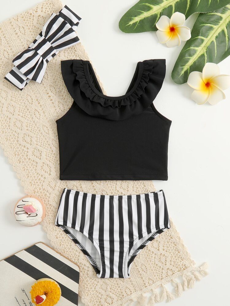 Baby Striped Ruffle Trim Bikini Swimsuit With Headband | SHEIN