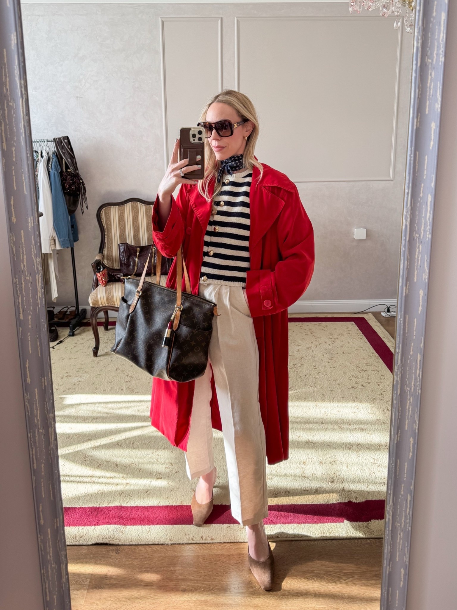 Work outfit of the day 

Spring workwear, trench coat, red coat, nautical style, silk scarf, linen cropped pants, suede mules

#LTKootd #LTKWorkwear #LTKOver40