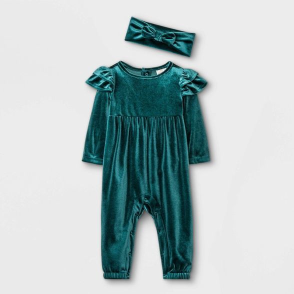 Baby Girls' Velour Long Sleeve Romper - Cat & Jack™ Dark Green | Target