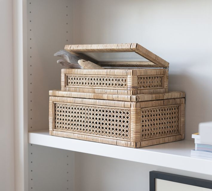 Woven Rattan and Wood Boxes, Set of 2 | Pottery Barn (US)