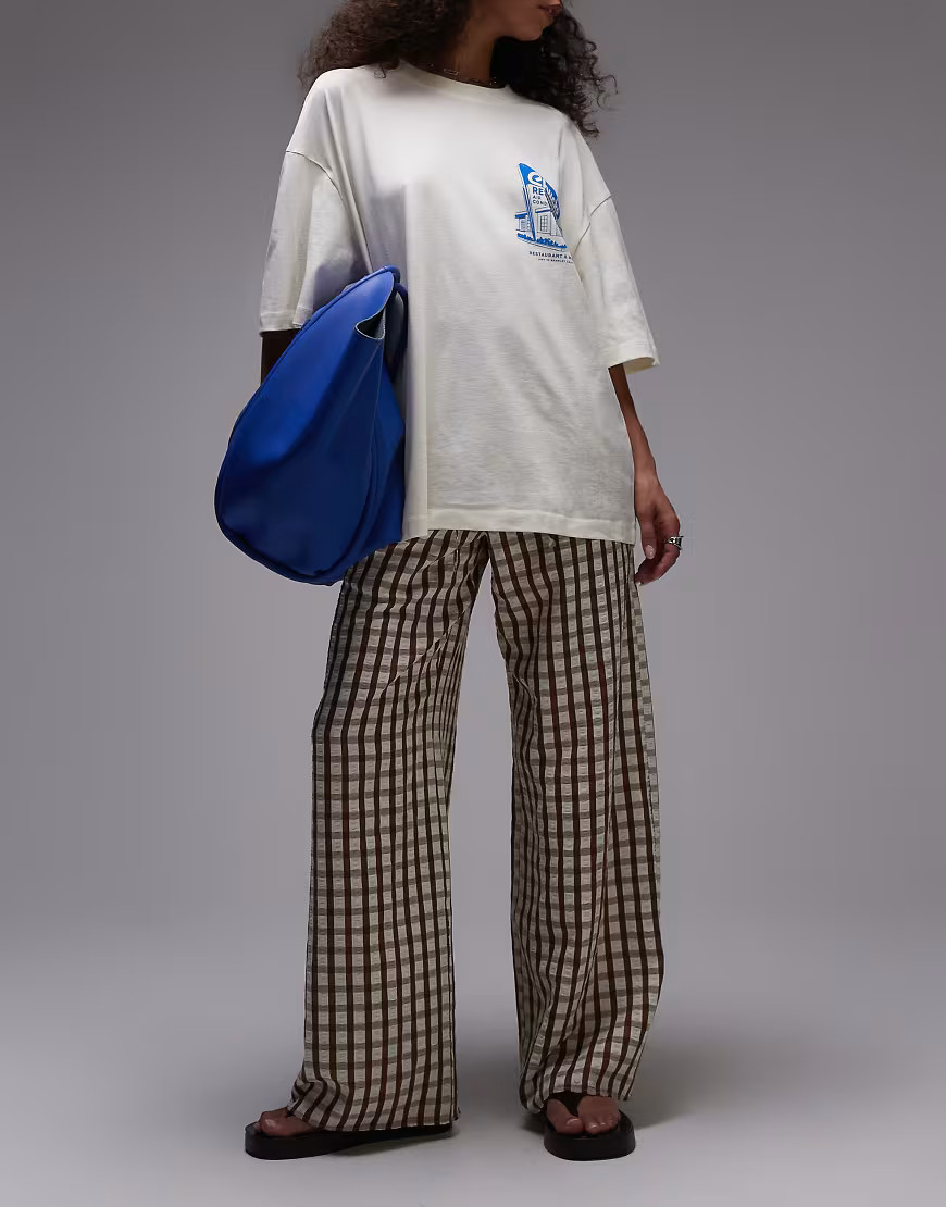 Topshop co ord crinkle check pull on trouser in neutral | ASOS (Global)