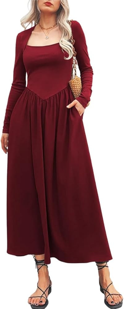 Hotexy Women's Long Sleeve Maxi Dress Cotton Square Neck Casual Slim Solid Fall Winter Flowy Long... | Amazon (CA)