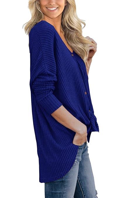 IWOLLENCE Womens Waffle Knit Tunic Blouse Tie Knot Henley Tops Loose Fitting Bat Wing Plain Shirt... | Amazon (US)