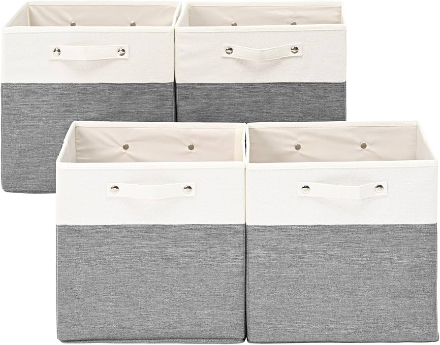 13 x 13 Inch Fine Linen Storage Bins with Handles，Fabric Cube Boxs，Collapsible Basket Organiz... | Amazon (US)