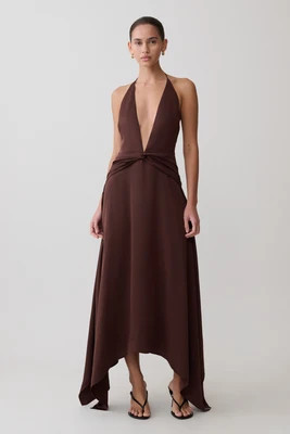 Cyra Plunge Satin Midi Dress / Dark Chocolate | MESHKI | XXL | MESHKI US