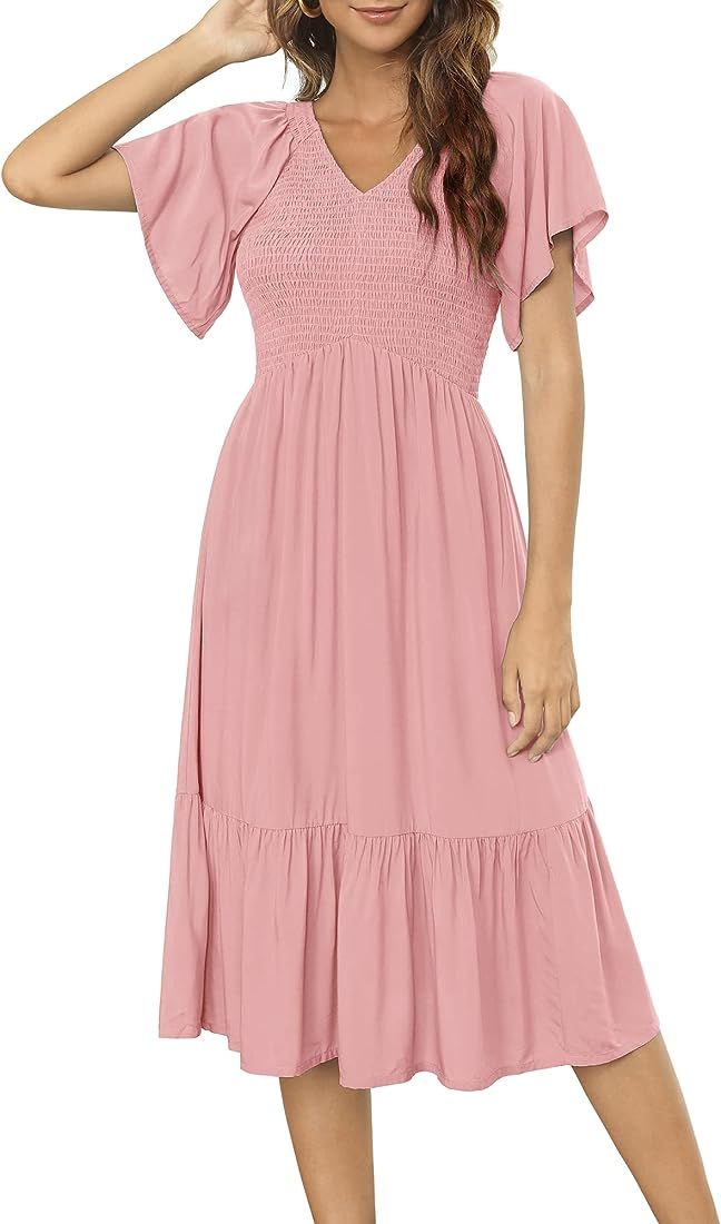 Kranda Women V Neck Short Flutter Sleeve Solid Smocked Ruffle Pleats Midi Dress | Amazon (US)