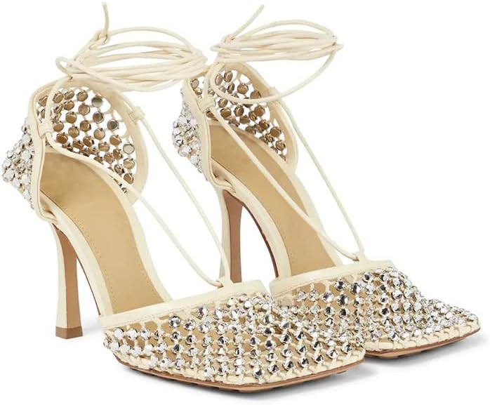 Richealnana Women's Rhinestones Net Square Toe Mesh Lace Up Strappy Sexy Sandals | Amazon (US)