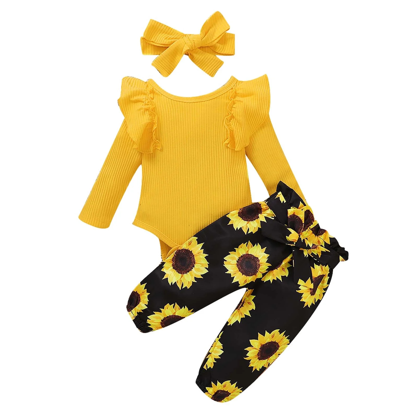 Odeerbi Baby Girls Clothes Infant Ruffle Long Sleeve Sunflower Print Bodysuit 3PCS Baby Layette S... | Walmart (US)