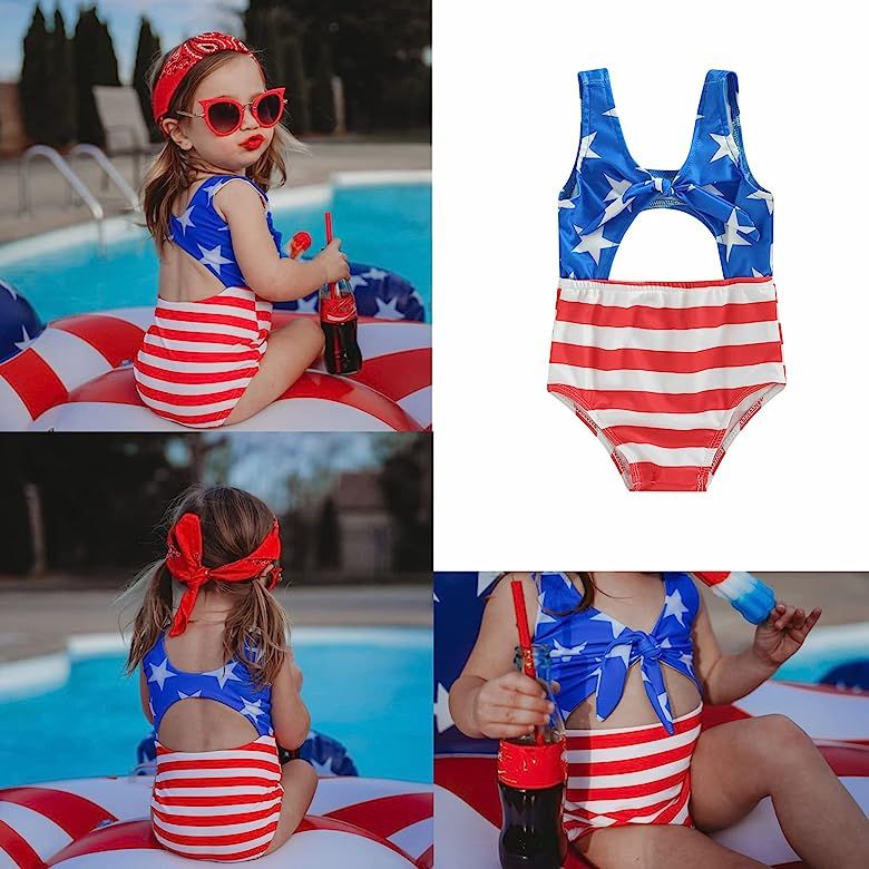 RSRZRCJ Toddler Baby Girl 4th of July Swimsuit Stars and Stripes Sleeveless Bathing Suit Swimwear In | Amazon (US)