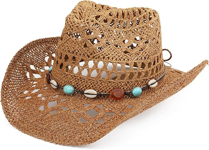 Straw Cowboy Hat for Women and Men with Shapeable Wide Brim Sun Beach Western Cowgirl Hat | Amazon (US)