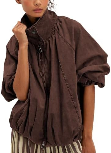 Women Oversized Bomber Jacket Funnel Neck Zip Up Batwing Sleeve Fall Outerwear Coats Casual Outfi... | Amazon (US)
