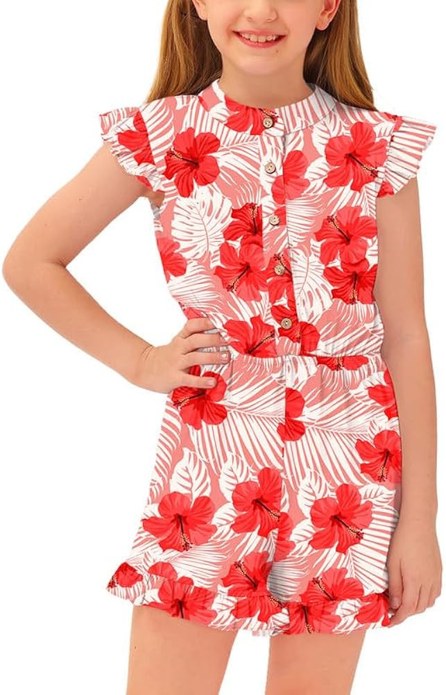BesserBay Girl's Summer Ruffled Flutter-Sleeve Jumpsuit Button Down Crewneck Romper 5-14 Years | Amazon (US)