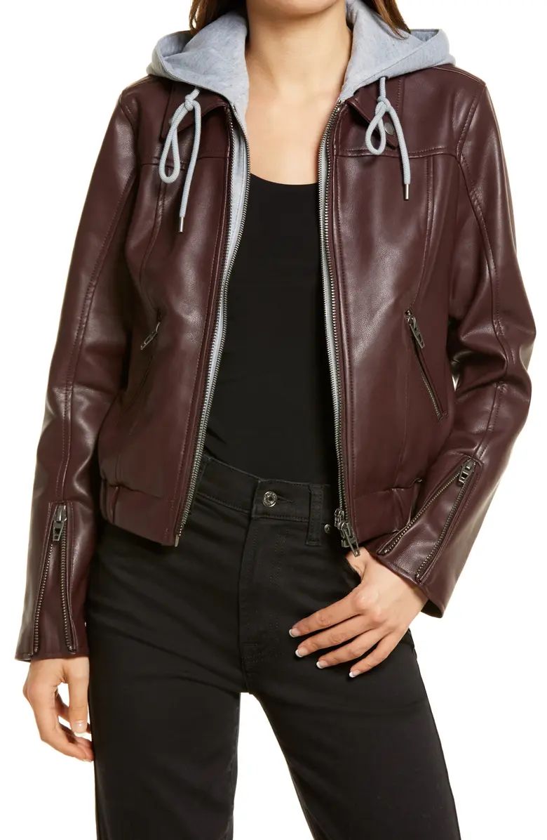 Faux Leather Bomber Jacket with Removable Hood | Nordstrom