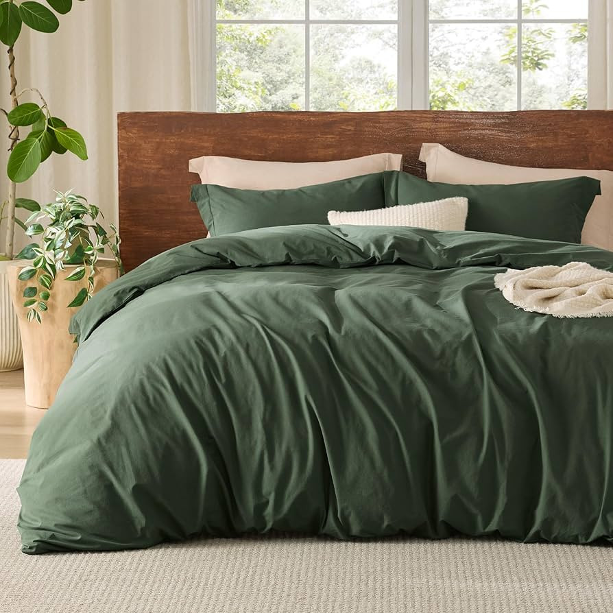Bedsure 100% Washed Cotton Duvet Cover King Size - Olive Green Minimalist Cotton Duvet Cover Line... | Amazon (US)