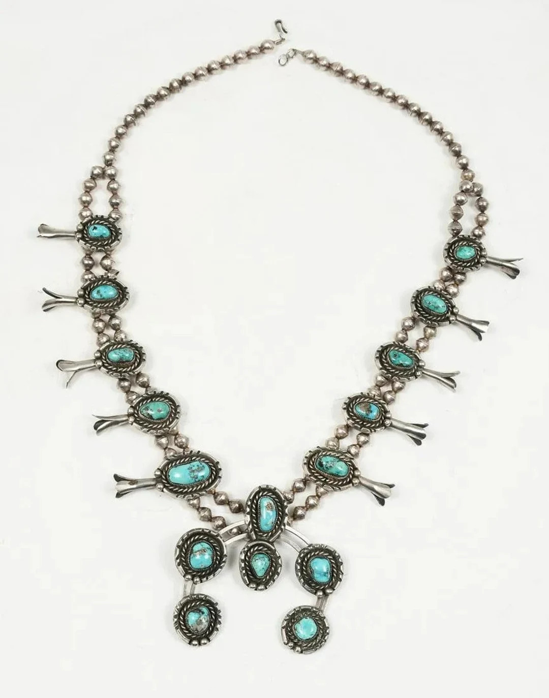 Exquisite Hallmarked Navajo Blue Gem Turquoise & Sterling Squash Blossom Necklace 194 Grams 26 Vi... | Etsy (US)