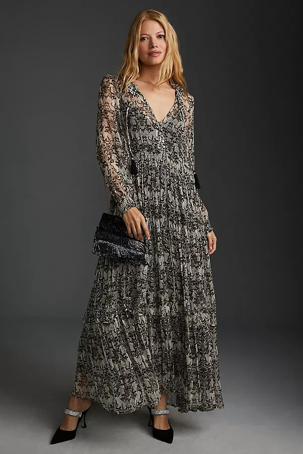 The Marais Printed Chiffon Maxi Dress By By Anthropologie in Black Size XXS | Anthropologie (US)