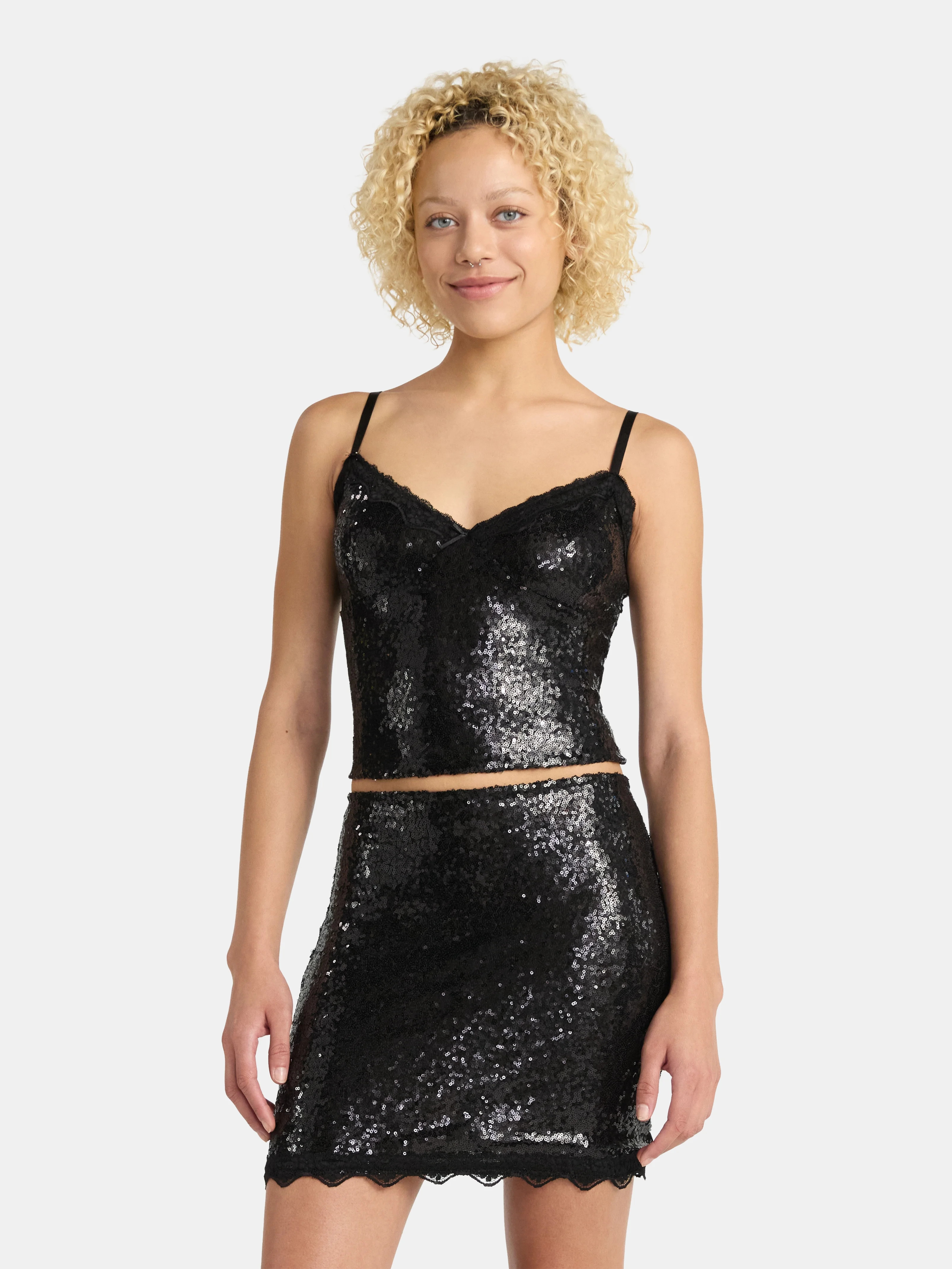 No Boundaries Sequin Mesh Tank Top and Lace Mini Skirt Set, 2-Piece, Women's | Walmart (US)