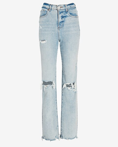 Super High Waisted Ripped Raw Hem Modern Straight Jeans | Express